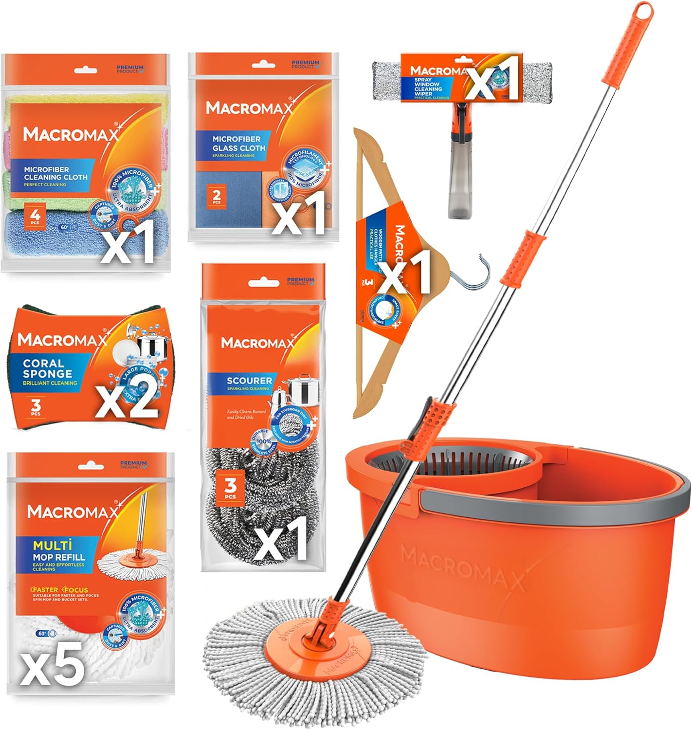Macrofresh Macromax 13-Pc Home Cleaning Kit: Spin Mop & Bucket System, 5 Microfiber Refills, Microfiber Cloths, Glass Cloths, Sponges, Scourers & Hangers