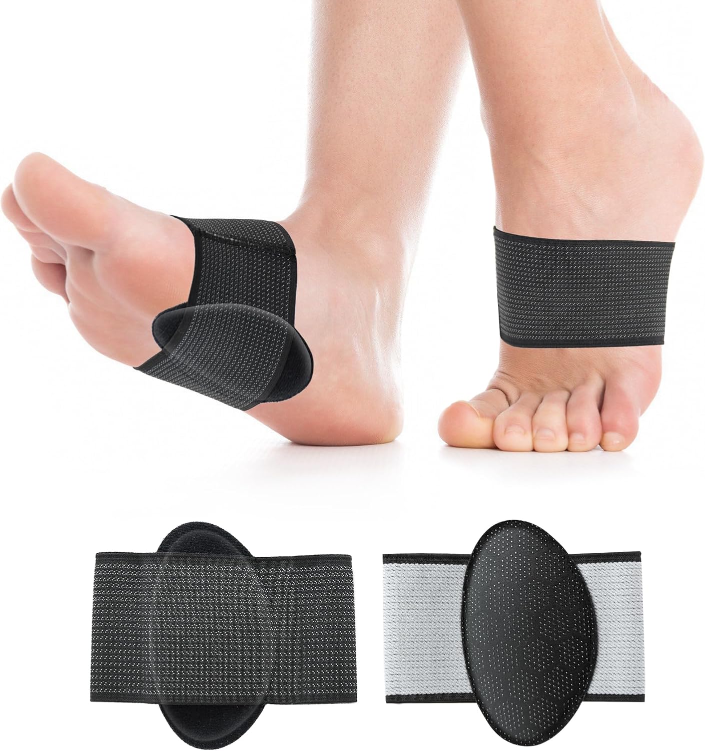 HiRui 2-Pack Arch Support Cushions with Silicone Pad for Plantar Fasciitis Relief - Non-Slip Elastic Foot Arch Brace for Flat & Fallen Arches, High Arch, Foot Care - Fits All Shoes (Black, Medium)