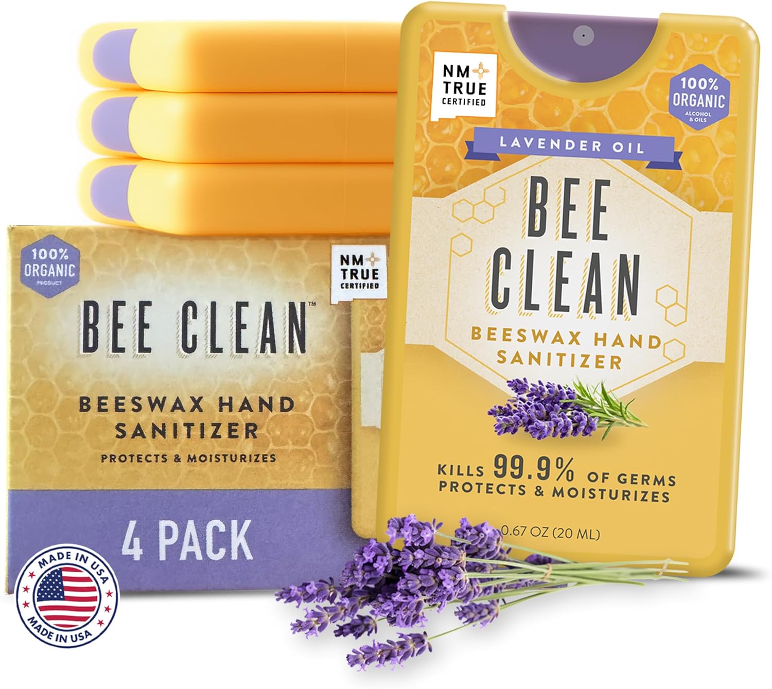 4-Pack Lavender Hand Sanitizer Spray - Travel Size Mist Spray with Organic Ethyl Alcohol, Beeswax - Moisturizing and Refreshing with Essential Oils, Non-Toxic, Made in the USA