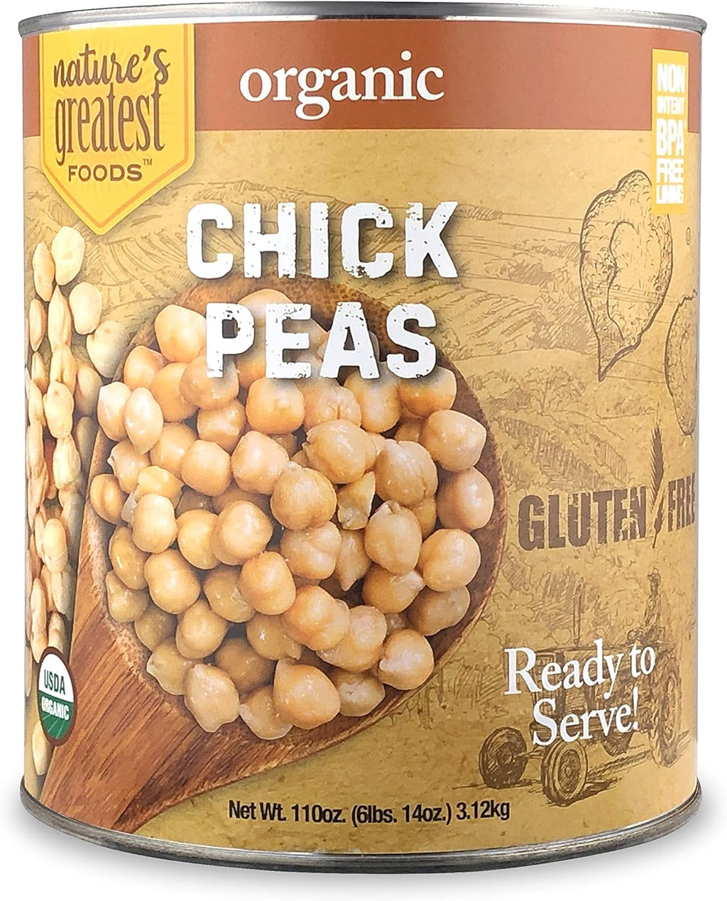 Nature's Greatest Foods, Organic Chickpeas, Food Service Size, Ready to Serve, No. 10 Can, 110 Ounce (6 LBS 14 Ounce)