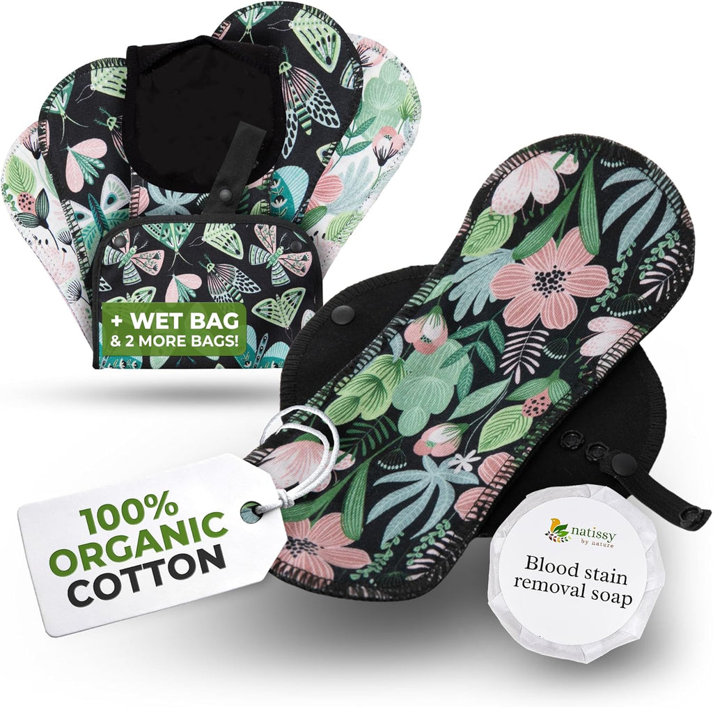 Organic Cotton Reusable Menstrual Pads for Light Flow (6 Pack S+M) - Leak Proof & Odor Free Cloth Pads for Women & Teens - High Temp Washable, Breathable, Soft & Skin-Safe for All Day Period Comfort