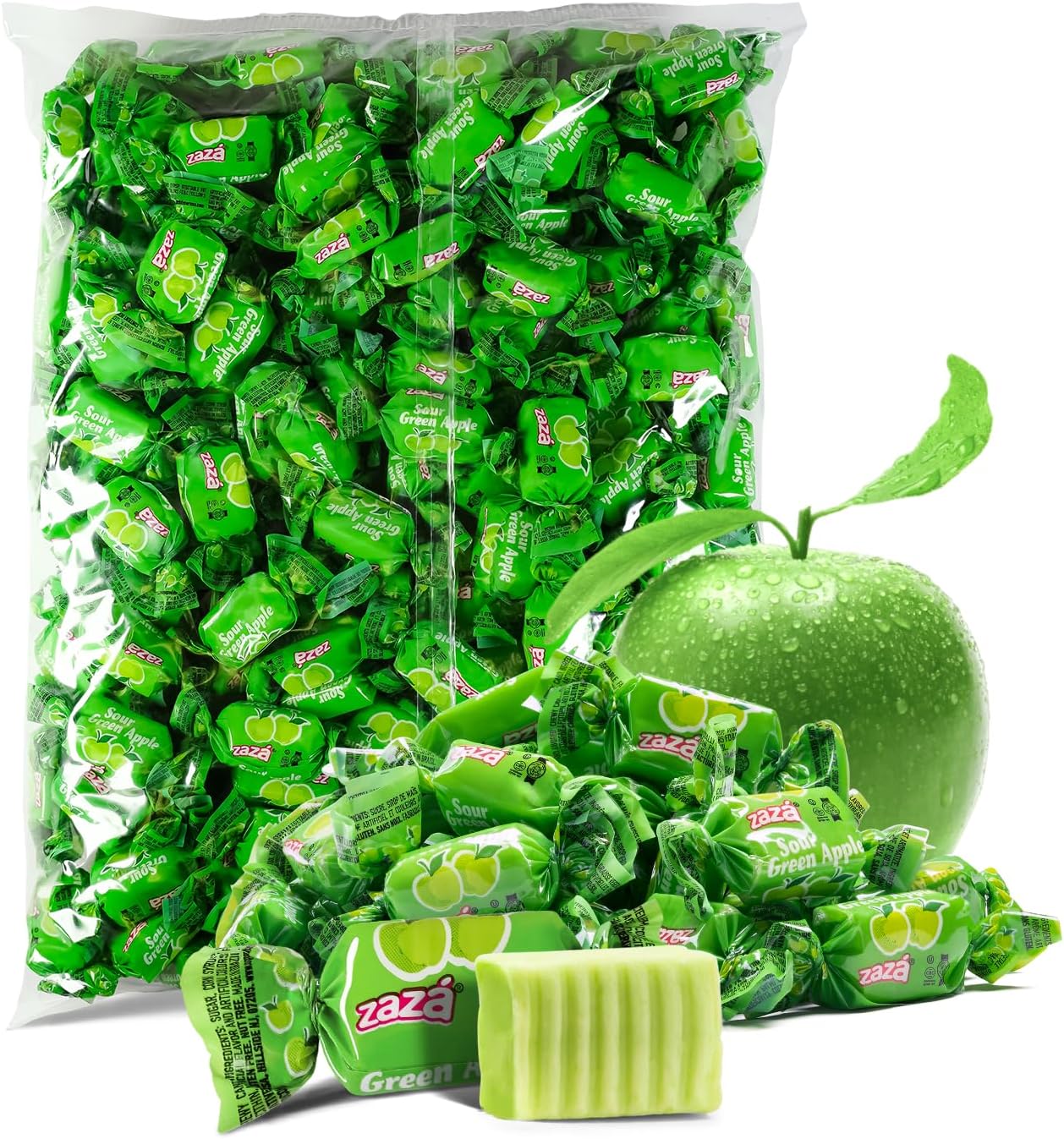 Sour Green Apple Chewy Candy Bulk Pack for Sweet Indulgence - Zaza Individually Wrapped Fruit Chews Candy Great for Office Desk Bowl, Reception, Buffet and Kids, Gluten Free, Kosher - 2.2LB