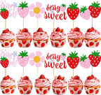 12Pcs Strawberry Baby Shower Glitter Cupcake Toppers Berry Sweet Baby Shower DecorationsStrawberry Fruit Cake & Dessert Topper Set For Baby Shower