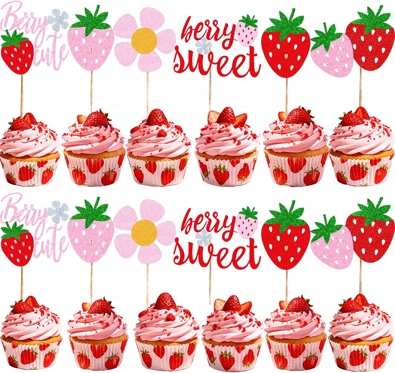 12Pcs Strawberry Baby Shower Glitter Cupcake Toppers Berry Sweet Baby Shower DecorationsStrawberry Fruit Cake & Dessert Topper Set For Baby Shower