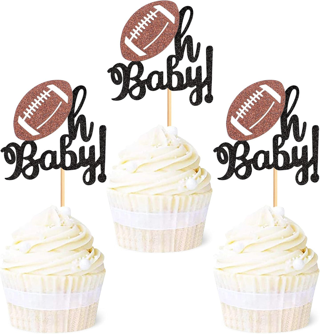 Ercadio 24 Pack American Football Oh Baby Cupcake Toppers - Black Glitter Rugby Picks for Sports Theme Baby Shower, Gender Reveal Party Cake Decor Supplies