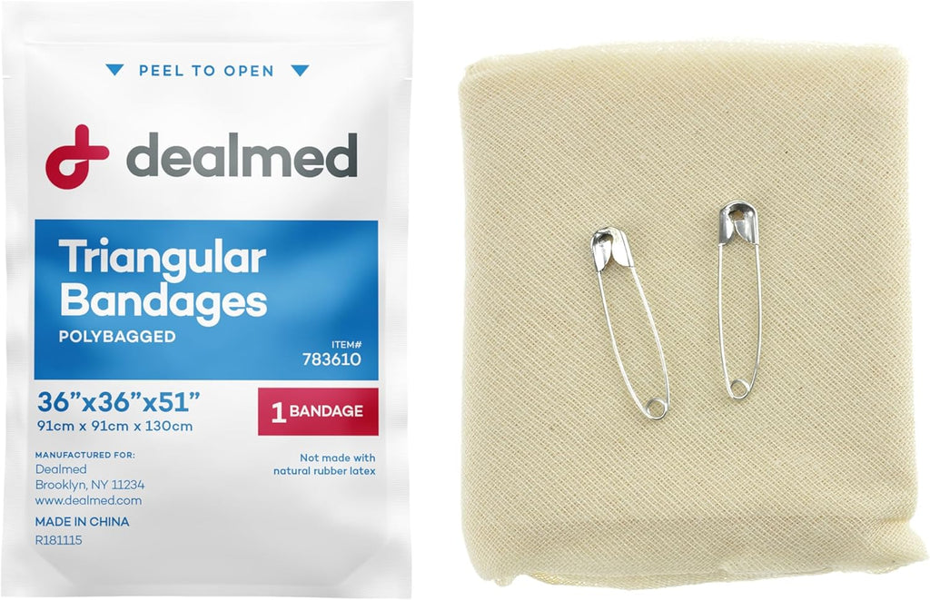 Dealmed Latex-Free Triangular Bandages – 12 Cotton Bandages with 2 Safety Pins, 36" x 36" x 51" Compression Bandage Wrap, Wound Care Product for First Aid Kit and Medical Facilities