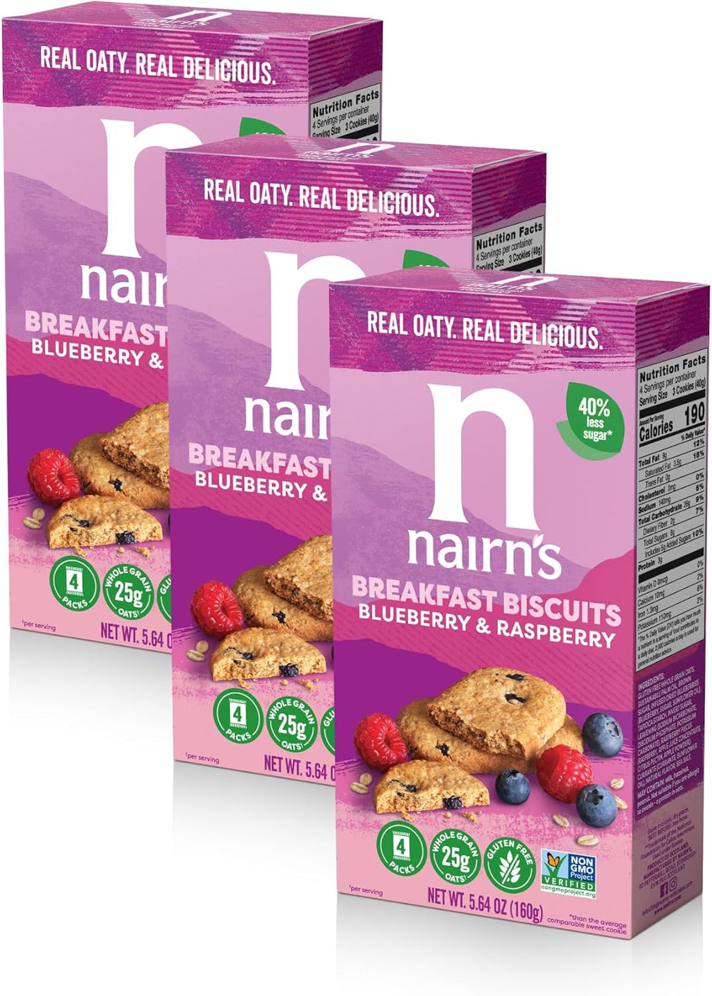 Nairn's Gluten-Free Blueberry and Raspberry Breakfast Biscuits - Healthy, Tasty, High Fiber, Non-GMO, No Artificial Colors, Flavors, or Preservatives, Safe for Celiacs, 5.64oz (Pack of 3)