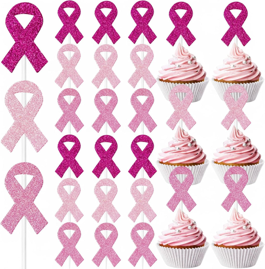 Marspark 48 Pieces Pink Ribbon Cupcake Toppers Picks Cake Decorations Breast Cancer Cake Topper for Breast Cancer Awareness Party