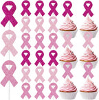 Marspark 48 Pieces Pink Ribbon Cupcake Toppers Picks Cake Decorations Breast Cancer Cake Topper for Breast Cancer Awareness Party