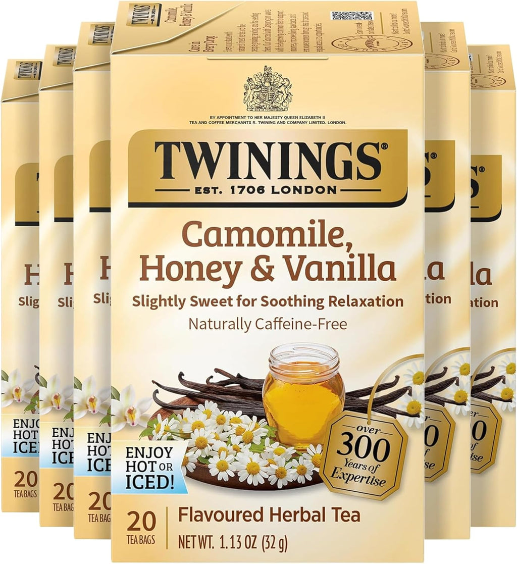 Twinings Camomile, Honey & Vanilla Herbal Tea Individually Wrapped Bags, 20 Count (Pack of 6), Naturally Caffeine-Free, Enjoy Hot or Iced, 120 Teabags