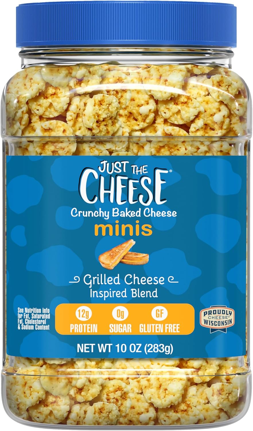 Just the Cheese Minis – Grilled Cheese Crisps, 10 oz Jar, Delicious Low-Carb Lifestyle Protein Chips, High-Protein, Gluten-Free Crisps, Keto-Friendly, Zero Sugar, Perfect Snack for Adults
