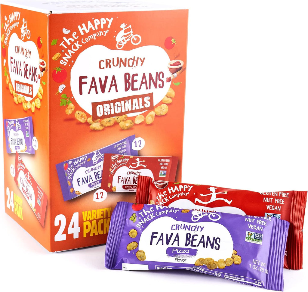 The Happy Snack Company Fava Beans Variety Pack 24 x 1 oz (Smoky BBQ Flavor and Pizza Flavor). High Fiber Vegan Protein Snacks for Adults and Kids. Gluten free. Nut free. Dairy free. Non-GMO and Vegan. Only 130 Cals.