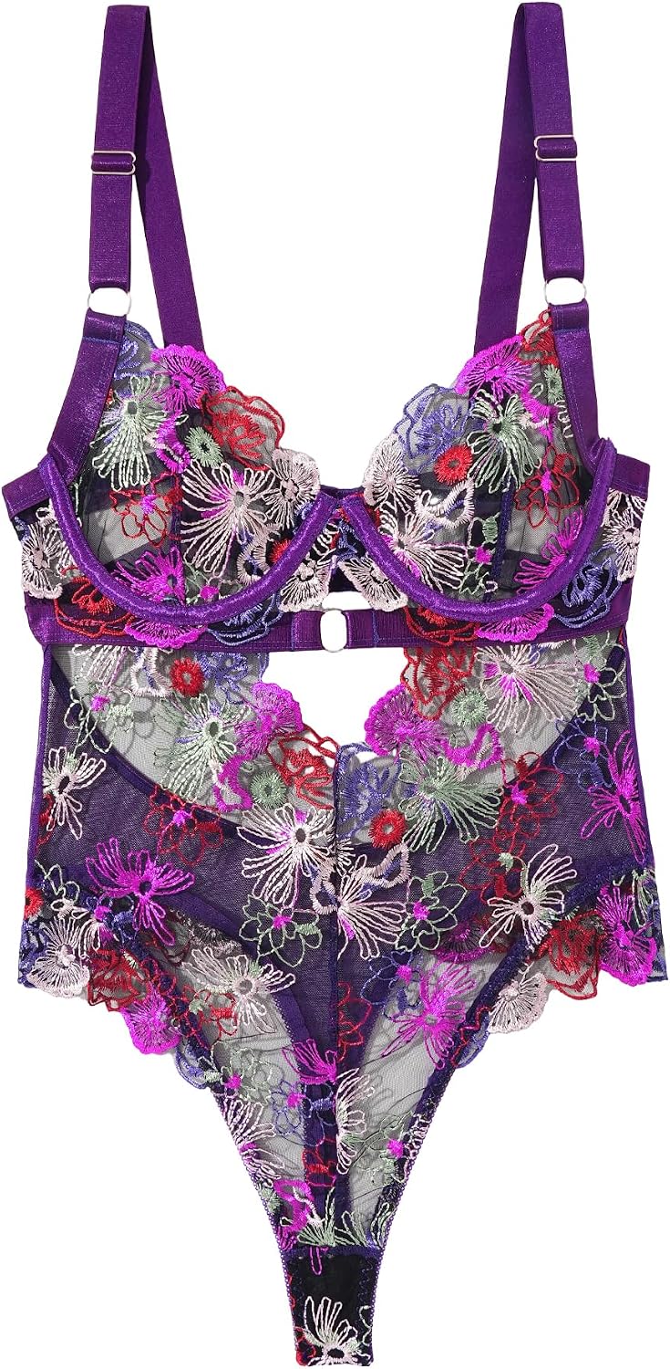 SEAUR Women's Sexy Lace Floral Embroidered Teddy Bodysuit Mesh Sheer One Piece Hollow Out Lingerie