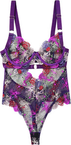 SEAUR Women's Sexy Lace Floral Embroidered Teddy Bodysuit Mesh Sheer One Piece Hollow Out Lingerie