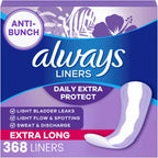 Always Panty Liners for Women Anti-Bunch Xtra Protection Daily Liners, Extra Long, Unscented, 92 Count x 4 (368 total)