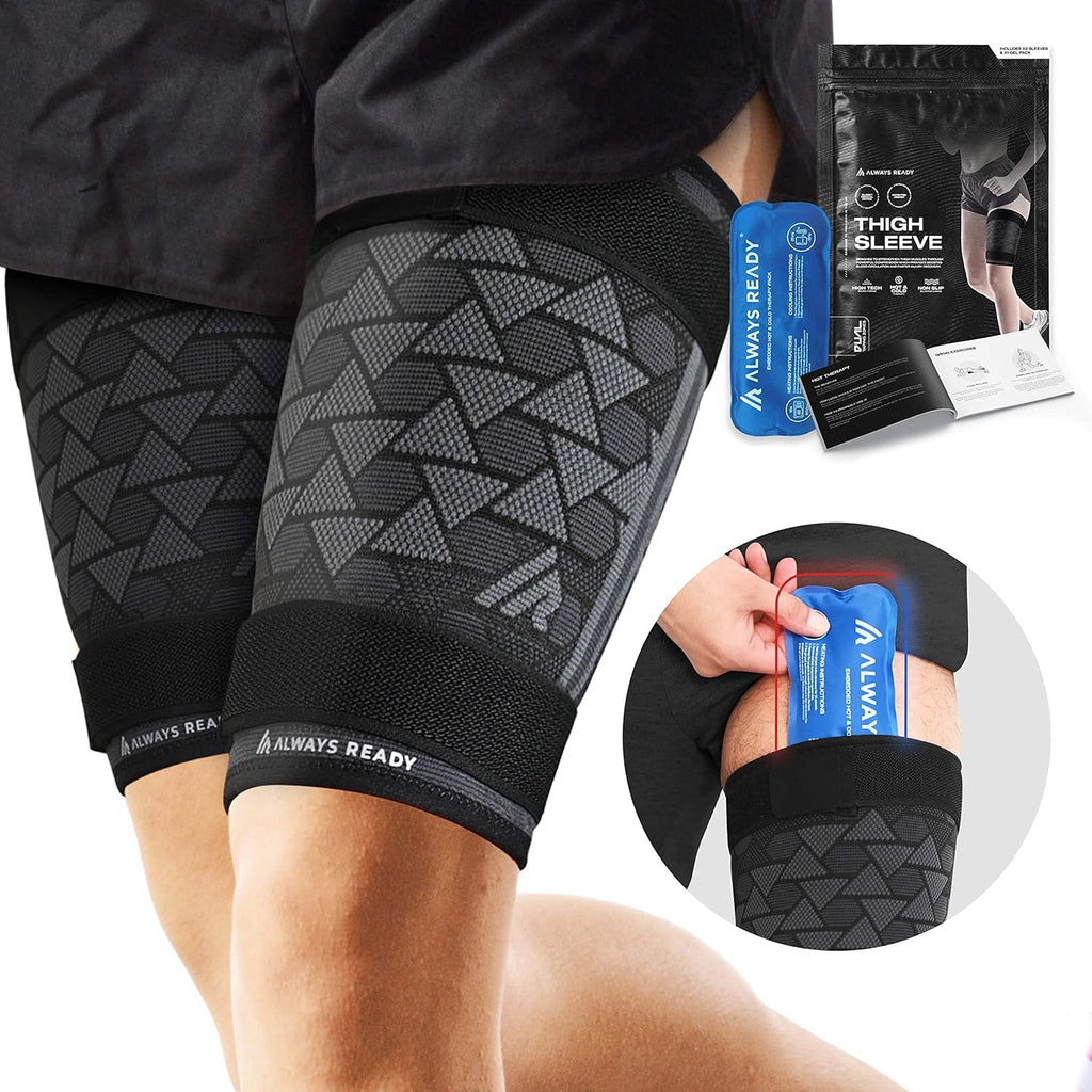 Always Ready, Thigh Compression Support Sleeve (2 Per Pack) with Hot & Cold Gel Pack for Hamstring & Quadricep Muscle Strains & Injury, Men & Women, Two Adjustable Compression Straps, Non-Slip (S)