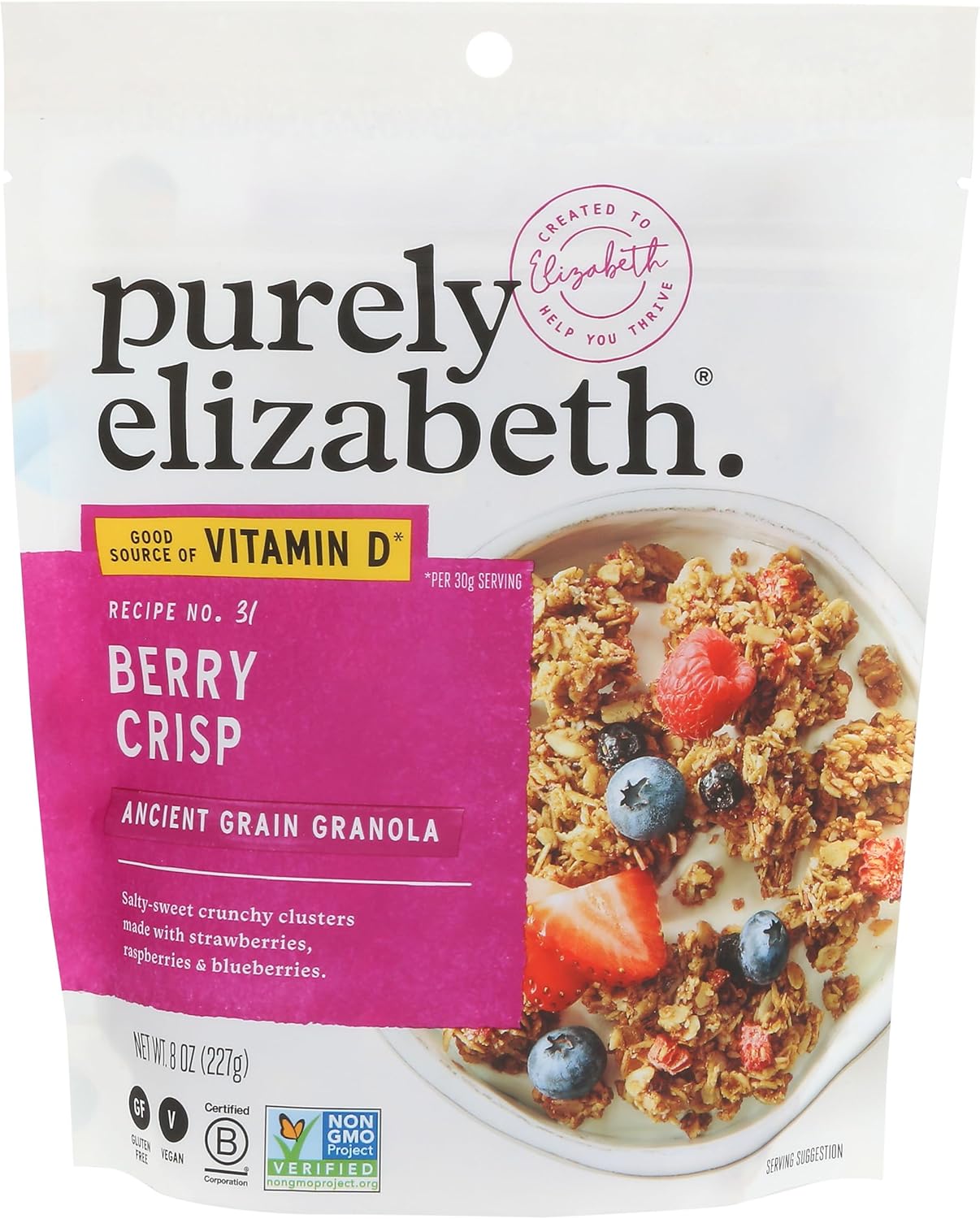 Purely Elizabeth, Berry Crisp, Ancient Grain Granola with Vitamin D, Gluten-Free (8oz Bag)