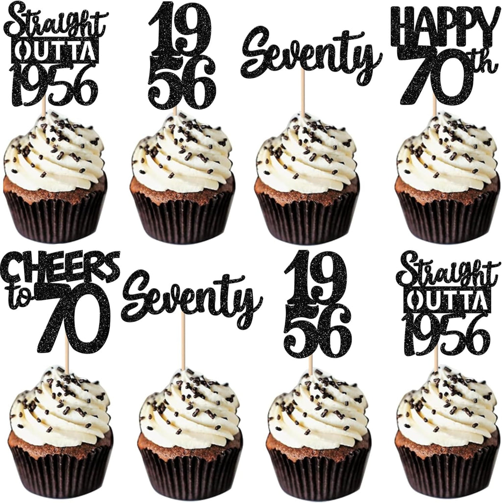 30PCS Black 70th Birthday Cupcake Toppers Glitter Seventy Happy 70th Straight Outta 1956 Cupcake Picks for Cheers to 70 Years Birthday Anniversary Retirement Party Cake Decorations Supplies