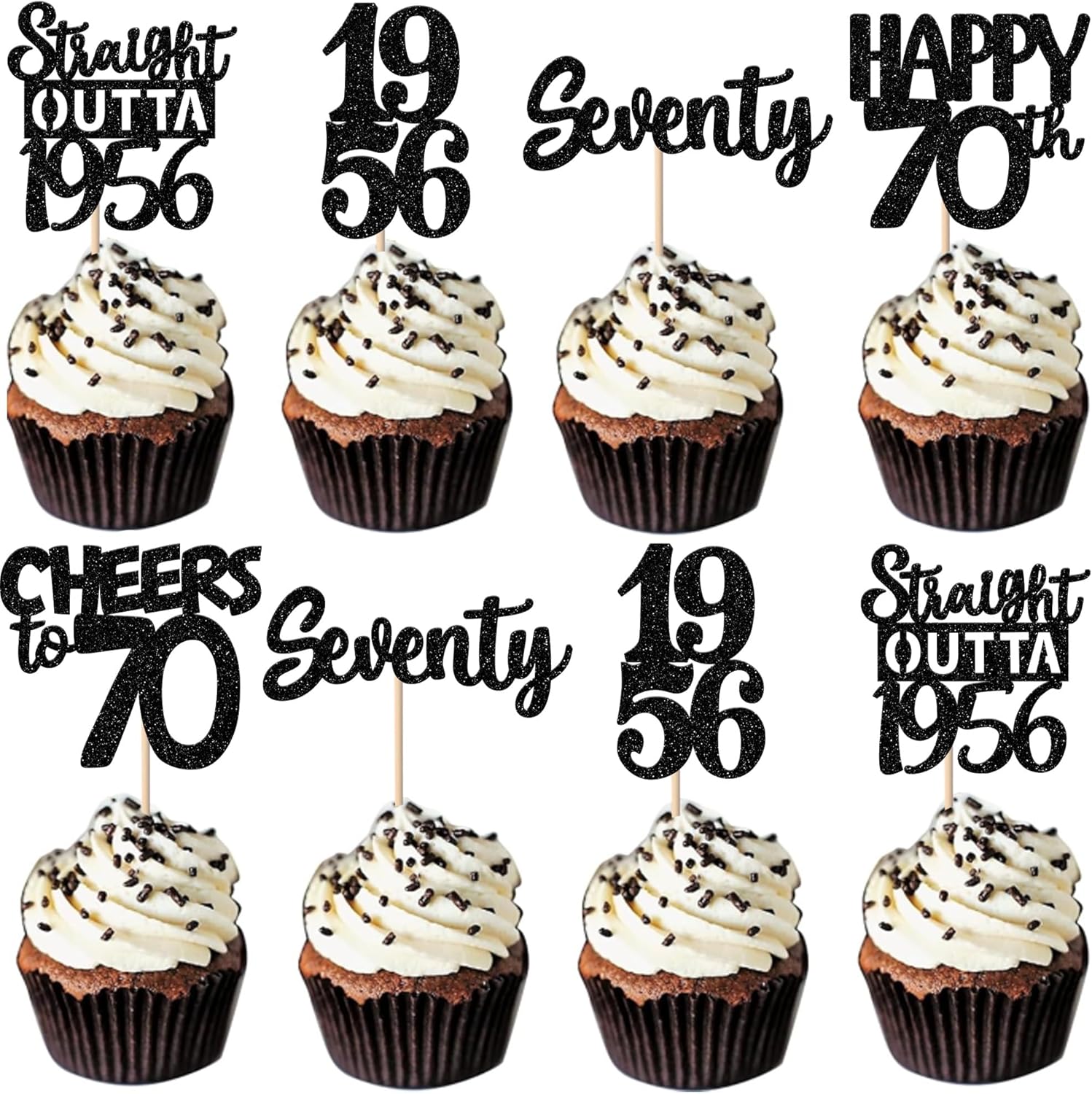 30PCS Black 70th Birthday Cupcake Toppers Glitter Seventy Happy 70th Straight Outta 1956 Cupcake Picks for Cheers to 70 Years Birthday Anniversary Retirement Party Cake Decorations Supplies