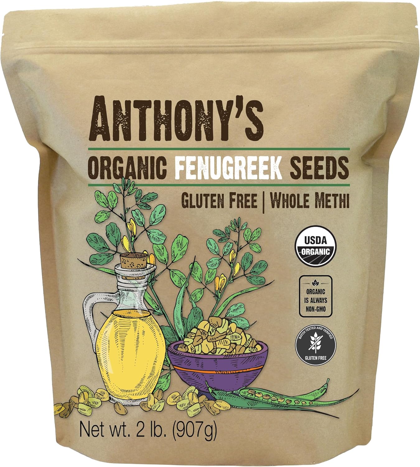 Anthony's Organic Fenugreek Seeds, 2 lb, Whole Methi Seeds, Gluten Free, Non GMO, Non Irradiated