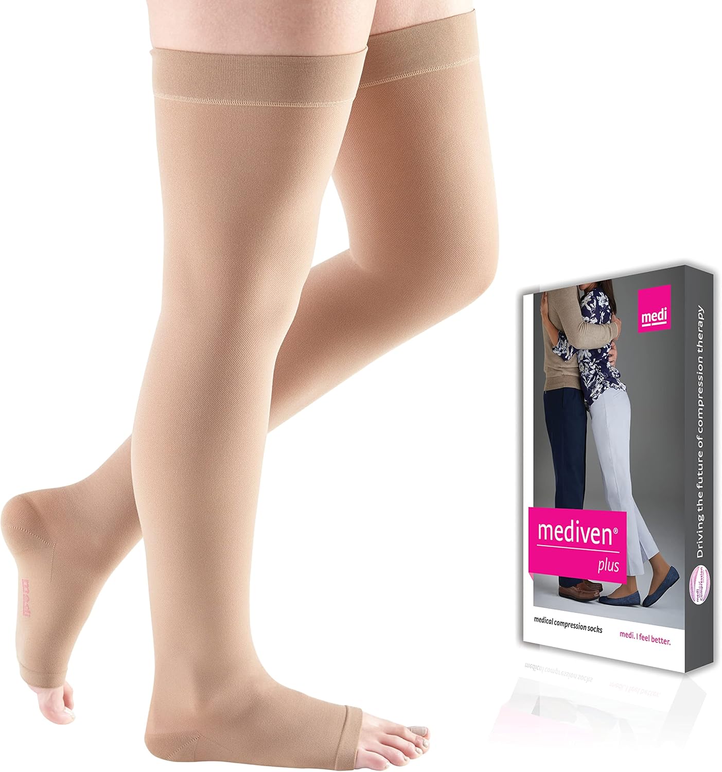 Mediven Plus for Men & Women 20–30 mmHg Thigh High Compression Stockings – Open Toe Durable Support Hosiery with a Secure Silicone Topband for Better Leg Circulation, Work, Travel & Everyday Comfort, III, Standard, Beige