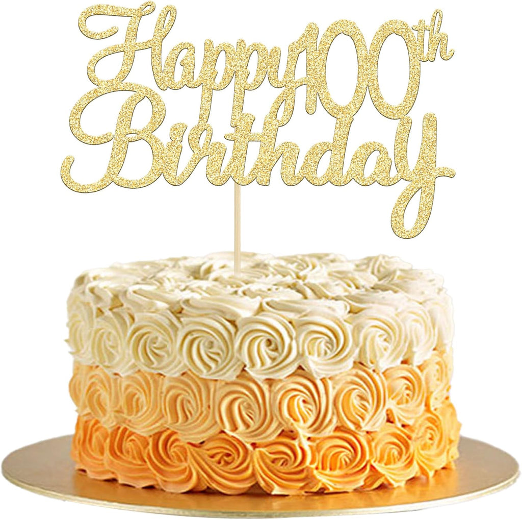 Gyufise 1 Pack Gold Happy 100th Birthday Cake Topper Glitter Happy 100 Cupcake Topper Cheers to 100 Fabulous Cake Decoration for 100th Birthday Party Decoration Supplies