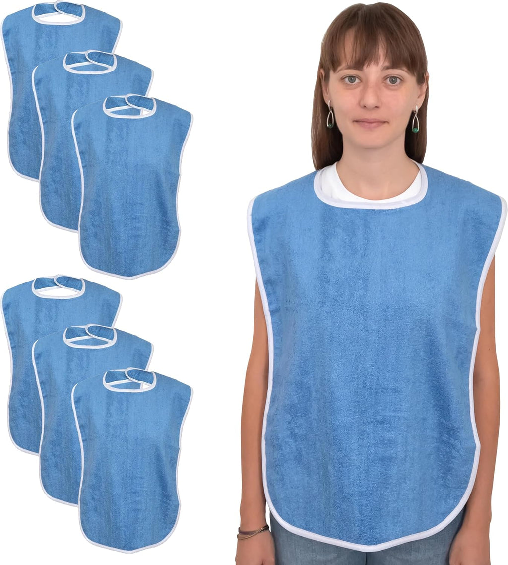 Elaine Karen Adult Bibs for Eating - Adult Bibs for Women - Bib for Men & Seniors - Bib for Adults, Clothing Protector, 100% Cotton Terry Cloth, Large 18x30, Absorbent, Machine Washable, Blue, 6 Pack