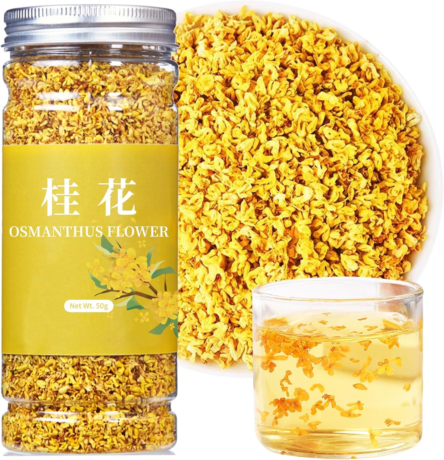 Wanhua Hall Pure Natural Osmanthus Flower Tea 1.76oz/50g Premium Osmanthus Fragrans Herb Gui Hua Dried Intact Blossoms, Stem-Free, Bright Golden Hue, Rich Aroma 桂花 桂花干 无硫无杂