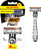 BIC Flex 5 Men's Disposable 5-Blade Razors, Pivoting Head and Precision Edging Blade, 4-Pack