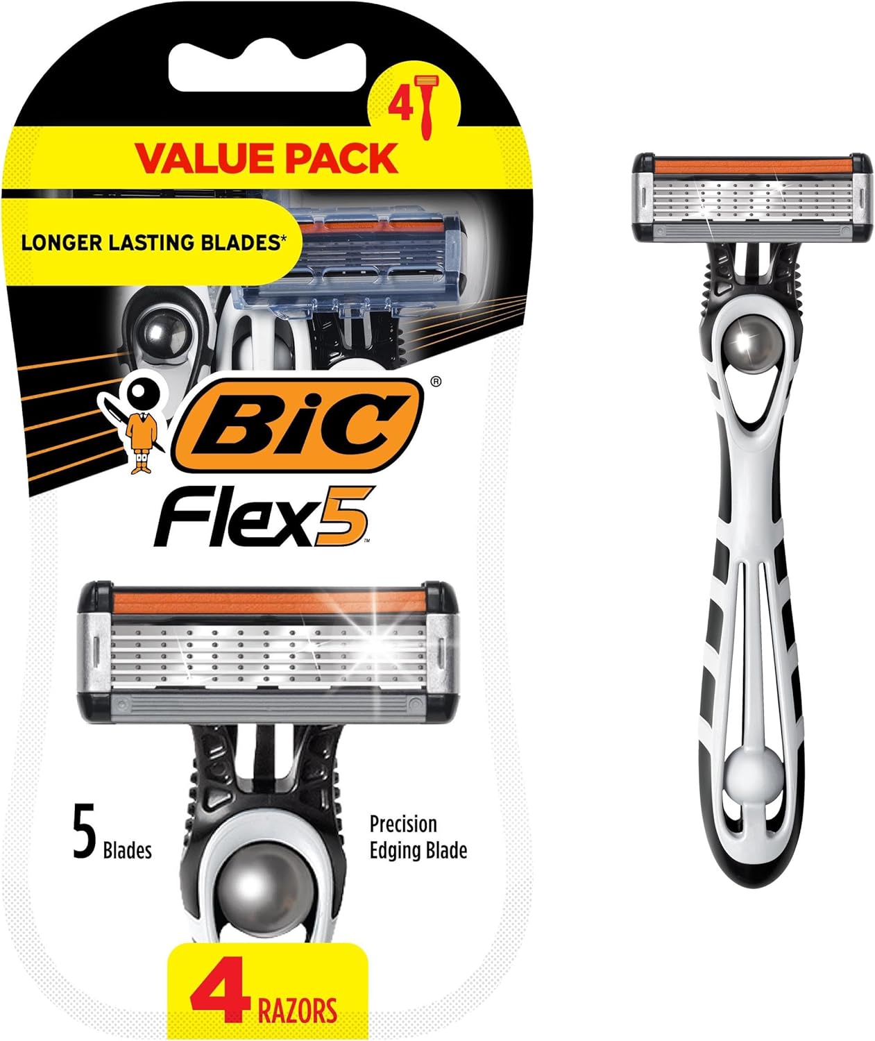 BIC Flex 5 Men's Disposable 5-Blade Razors, Pivoting Head and Precision Edging Blade, 4-Pack