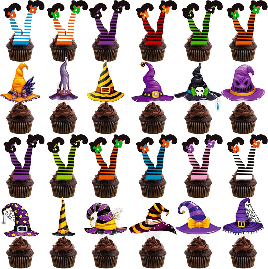 Halloween Party Decorations Witch Hat and Legs Cupcake Toppers 48PCS Witch Stocking Theme Cake Decorations Fantasy Hats Shoes Cupcake Picks for Magic Wizard Birthday Baby Shower Party Supplies