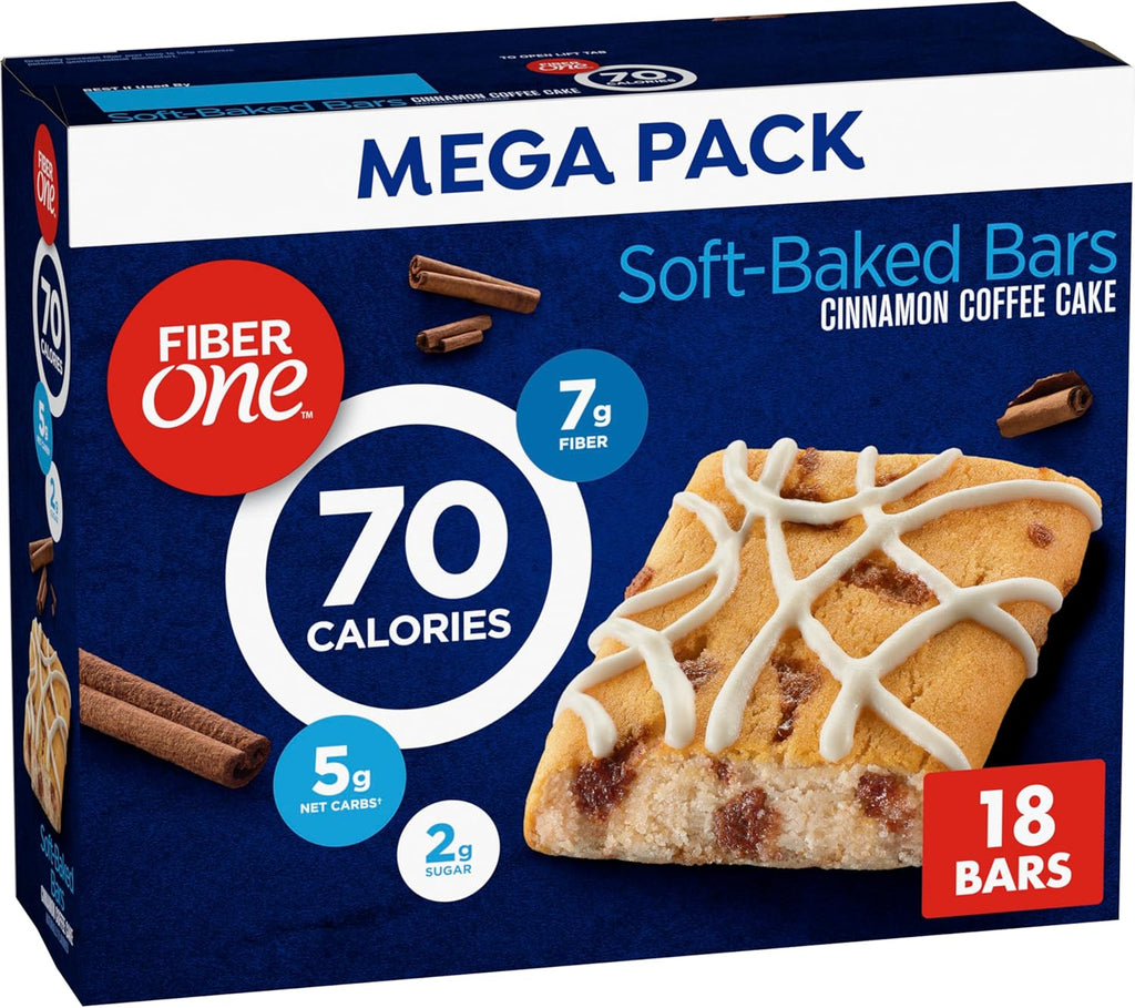Fiber One 70 Calorie Soft Baked Bars, Cinnamon Coffee Cake, Mega Pack, 18 Ct, 16 oz