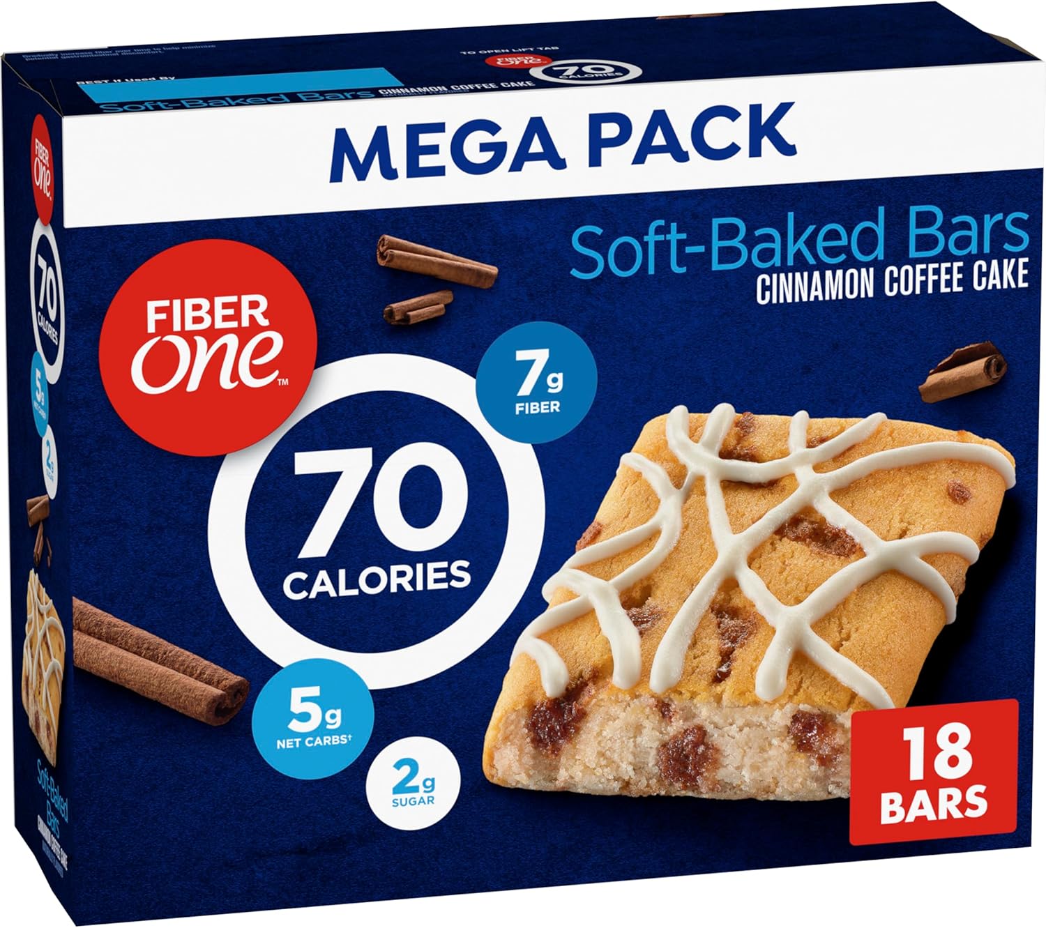 Fiber One 70 Calorie Soft Baked Bars, Cinnamon Coffee Cake, Mega Pack, 18 Ct, 16 oz