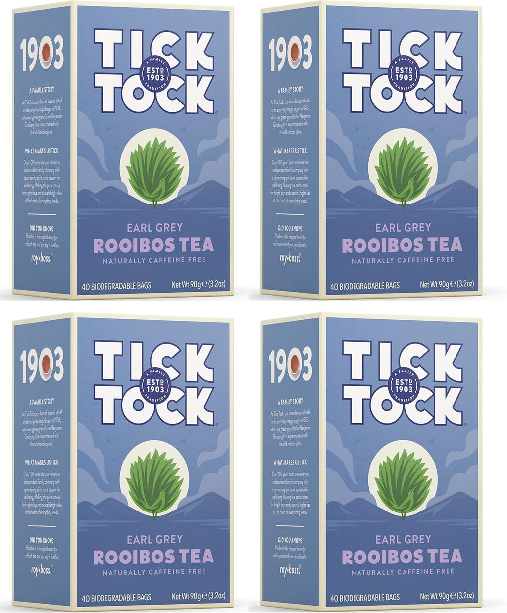 TICK TOCK TEAS Rooibos Earl Grey, Naturally Caffeine Free Red Bush Herbal Tea, Rich in Anti-Oxidants, South African, Superfood, 3.5 Oz, 40 Count, Pack of 4