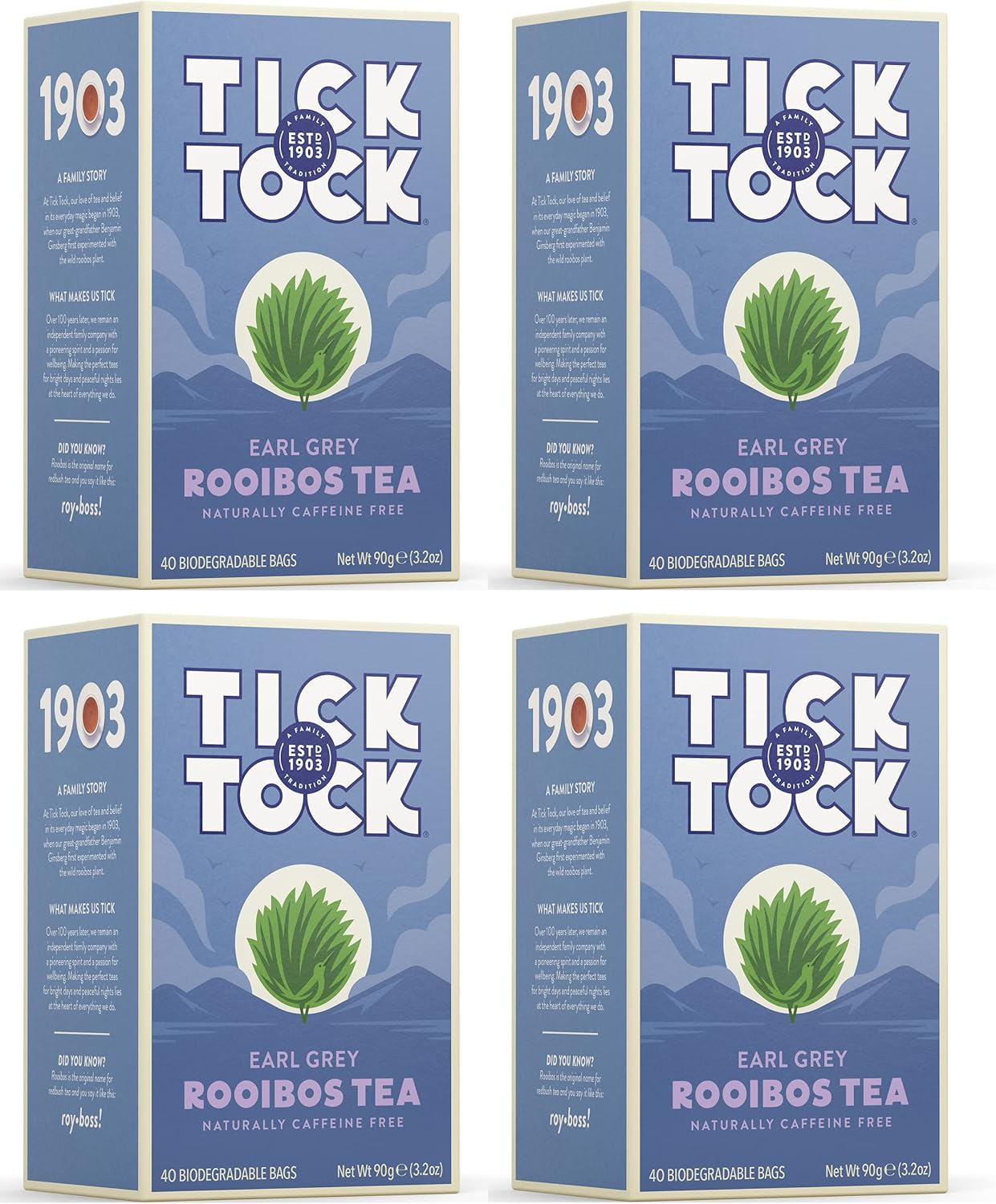 TICK TOCK TEAS Rooibos Earl Grey, Naturally Caffeine Free Red Bush Herbal Tea, Rich in Anti-Oxidants, South African, Superfood, 3.5 Oz, 40 Count, Pack of 4