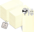 100-Pack Disposable Napkins With Pocket For Flatware, Cream Napkins Paper For Wedding, Dinner Or Party, Built-In Pocket For Silverware, Prefolded
