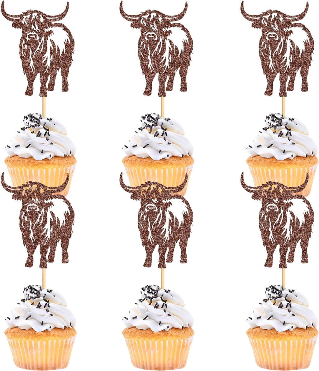 Ercadio 24 Pack Highland Cow Cupcake Toppers Brown Glitter Farm Animals Brown Highland Cattle Cake Picks Gender Reveal Theme Baby Shower Kids Boys Girls Birthday Party Cake Decorations Supplies