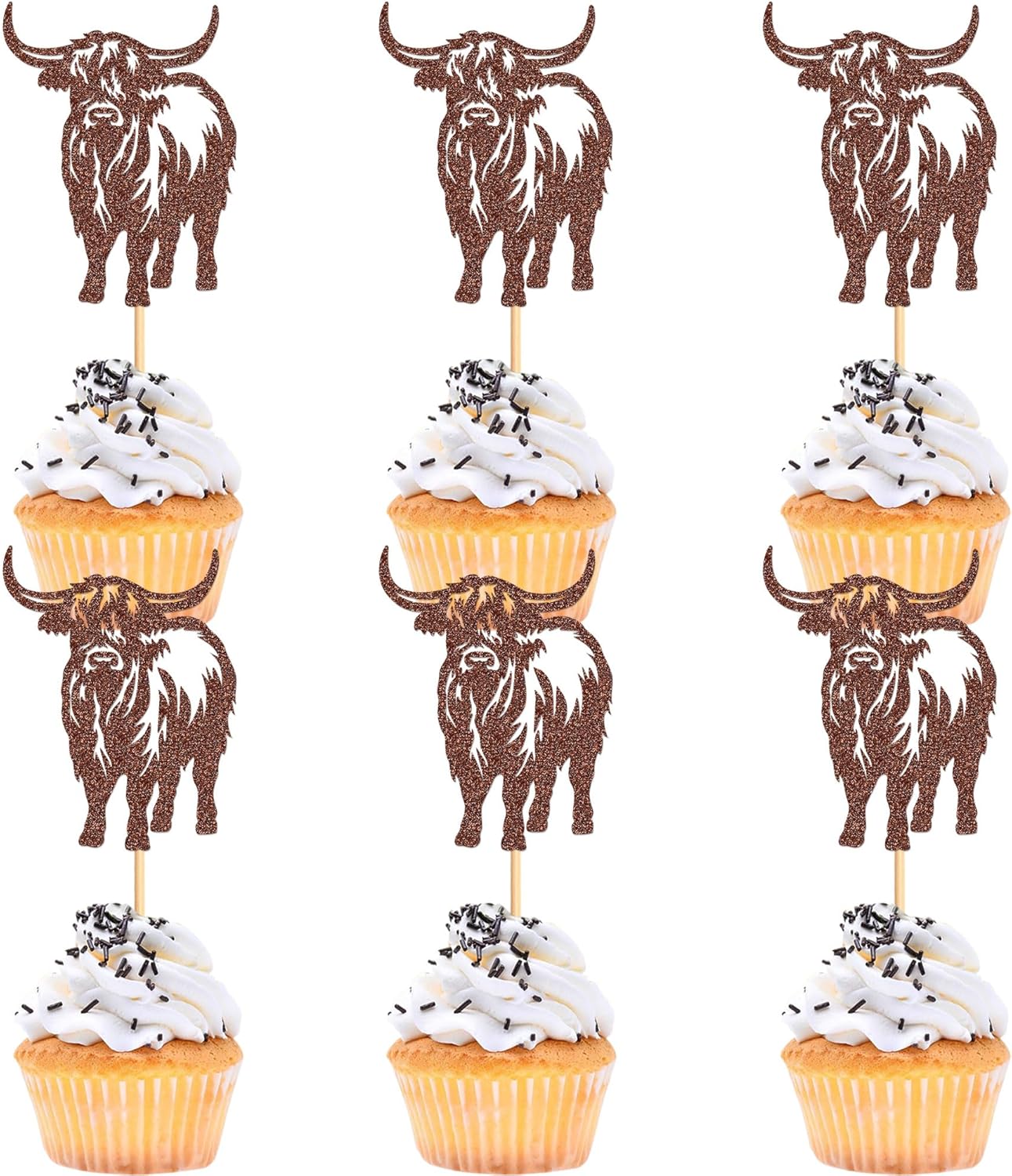 Ercadio 24 Pack Highland Cow Cupcake Toppers Brown Glitter Farm Animals Brown Highland Cattle Cake Picks Gender Reveal Theme Baby Shower Kids Boys Girls Birthday Party Cake Decorations Supplies