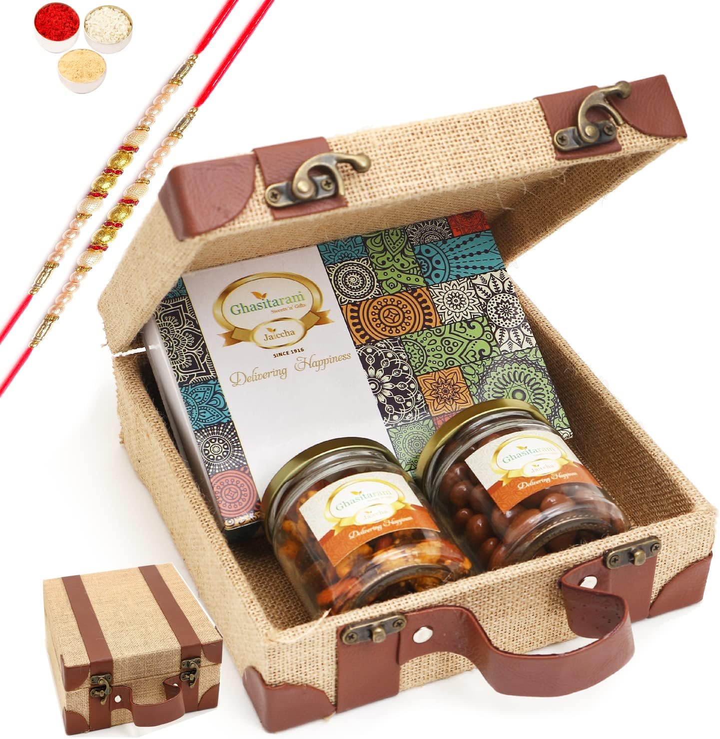 Ghasitaram Gifts Rakhi Gifts for Brothers Jute Box of Chocolate Alomnds, Mix Dryfruits and Assorted Bites with 2 Pearl Rakhis