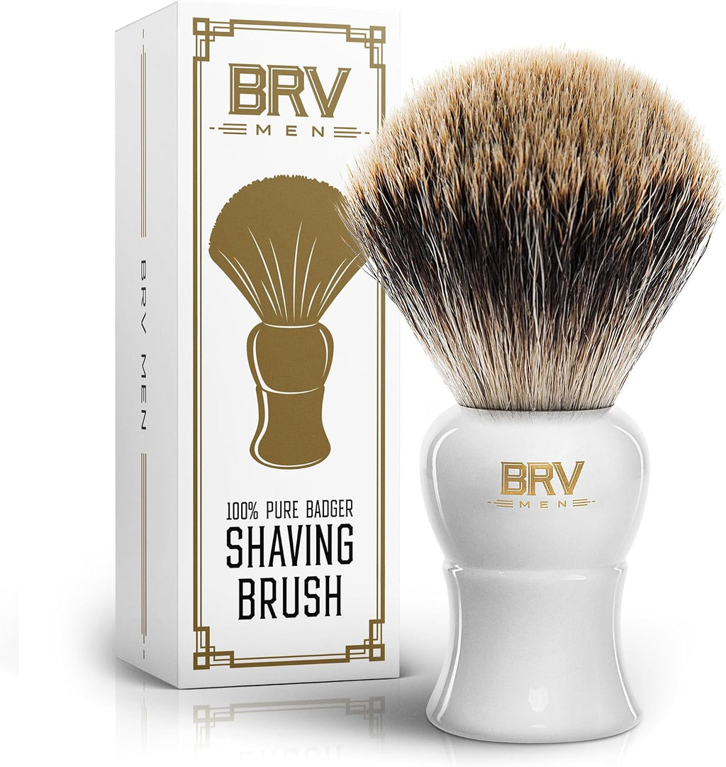 BRV MEN Pure Badger Shaving Brush (19mm knots) - Heavy Resin Handle - Use with Double-Edge Safety Razor, Straight Razor and Shaving Bowl (White)