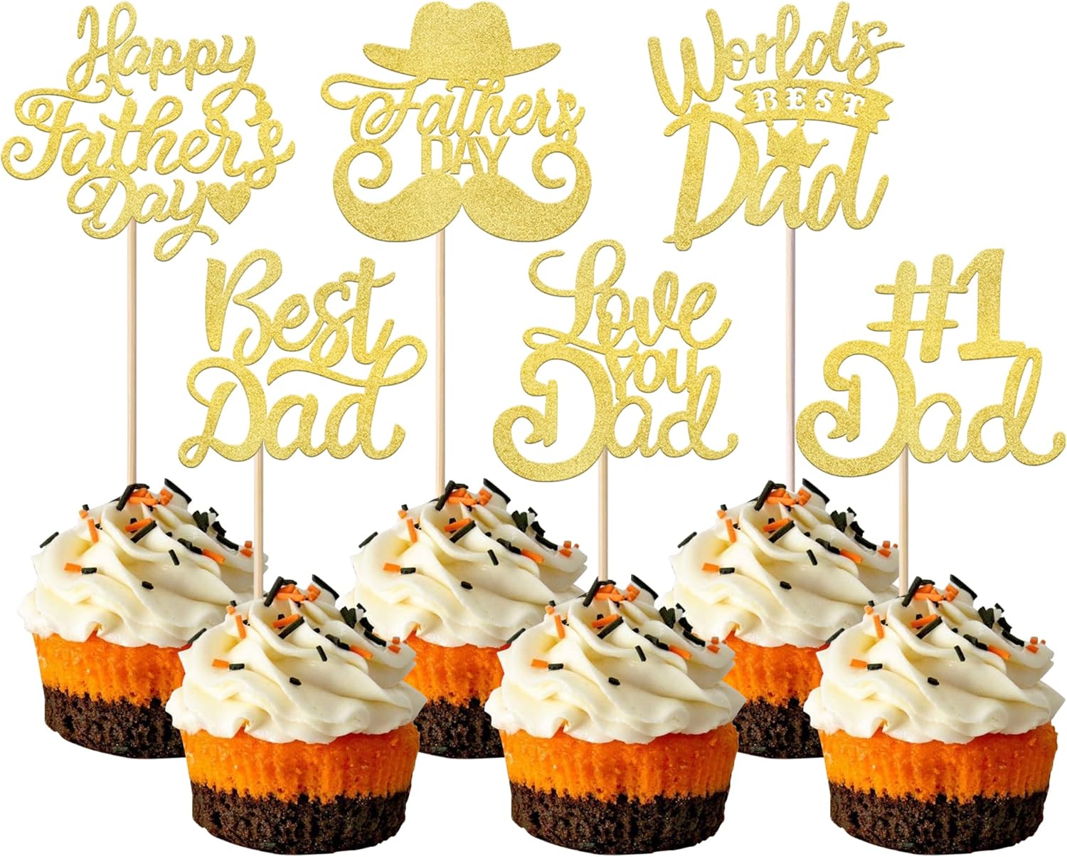Rsstarxi 24 Pack Happy Father's Day Cupcake Toppers Gold Glitter Worlds Best Dad Love Dad Cupcake Picks for Happy Father 's Day Dad Birthday Theme Party Cake Decorations Supplies