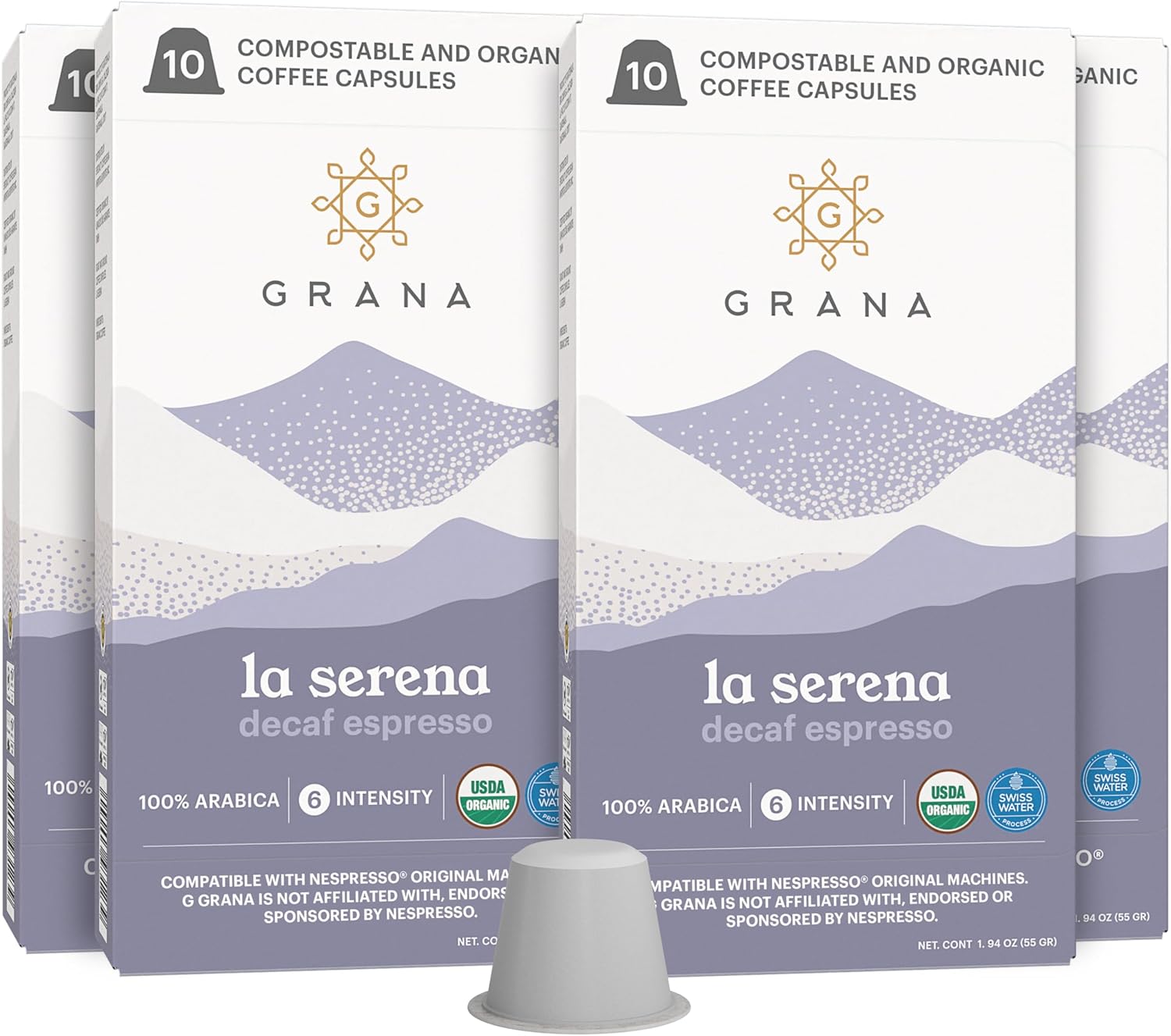 G GRANA Decaf Coffee Pods, Compatible with Nespresso OriginalLine, 40 Count, Dark Roast, Decaffeinated, USDA Organic 100% Arabica Single Source Specialty Coffee, Compostable Single Serve Capsules