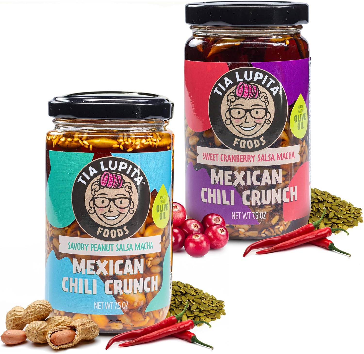 Tia Lupita Mexican Chili Crunch – Salsa Macha, Crunchy Morita Chili Oil | Gluten-Free, Non-GMO, Vegan | Cranberry & Peanut Variety (2 Pack)