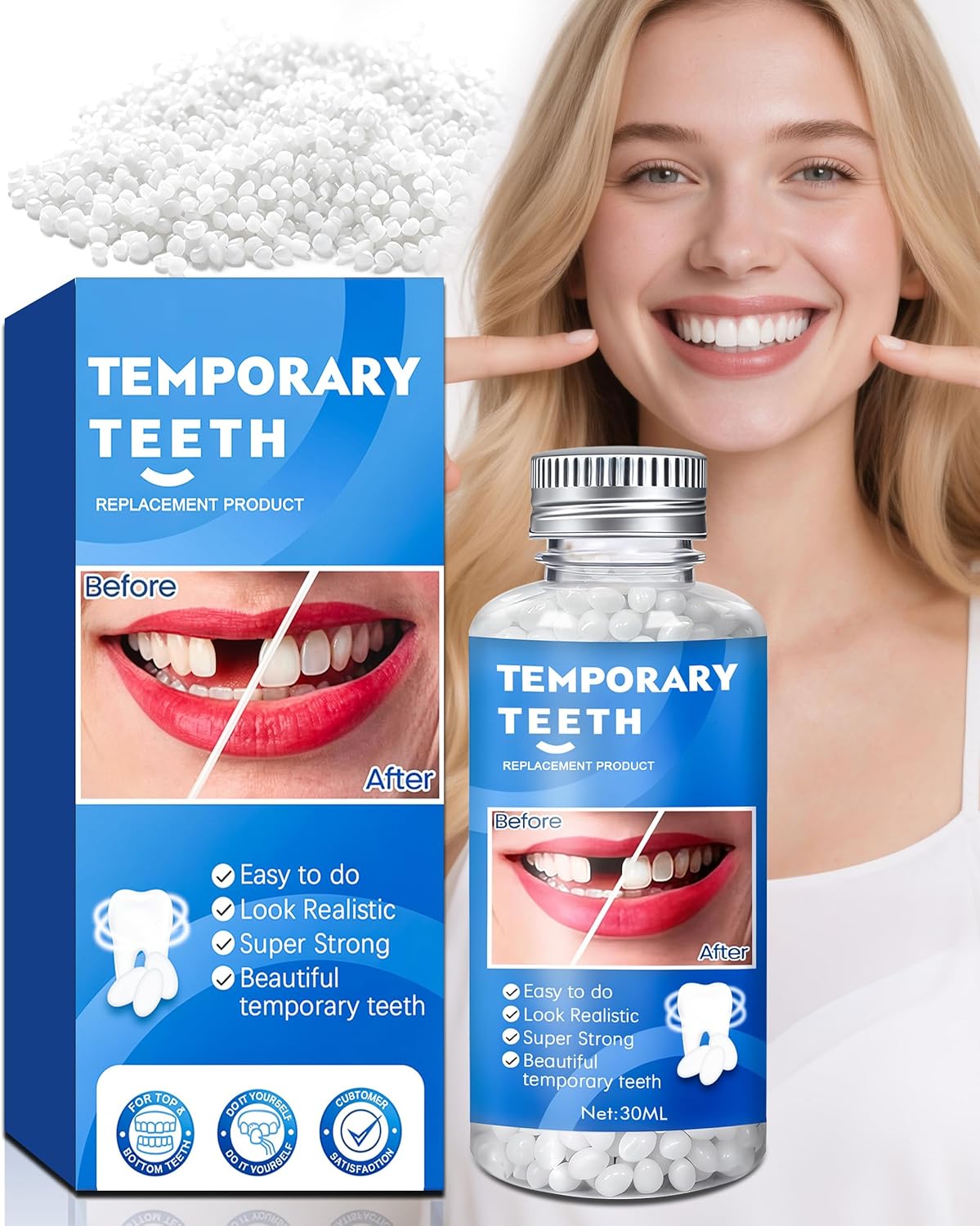 XLMCWT Tooth Repair Kit, Moldable False Teeth Beads for Teeth Repair, Suitable for Missing, Cracked DIY Denture Kit, 1PCS
