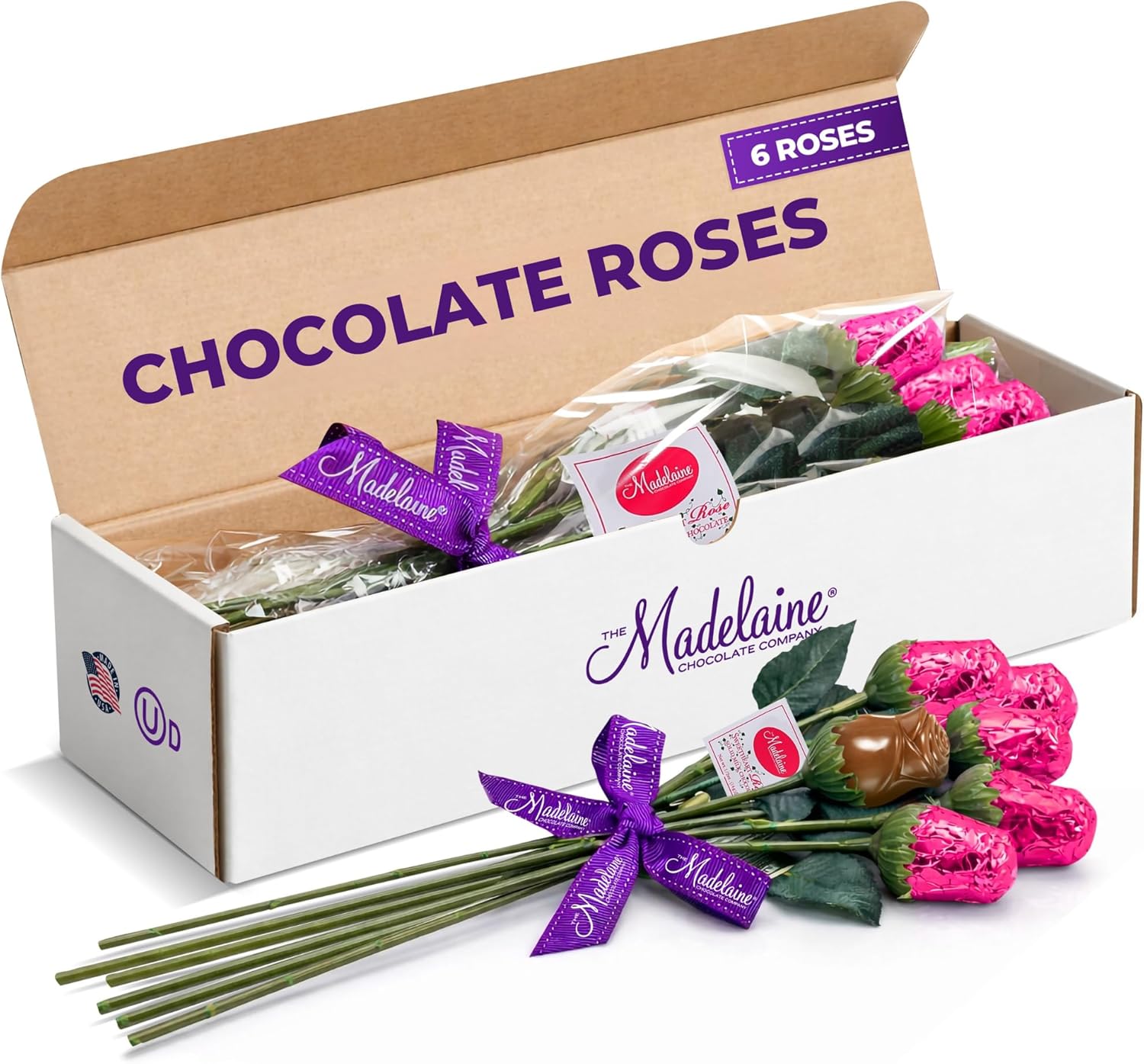 Pink Chocolate Roses - Valentines Day Gift for Mom, Wife, Girlfriend - Individually Wrapped Gourmet Chocolate Flowers - Elegant Valentines Candy Bouquet for Women & Special Occasions - 6 Pack