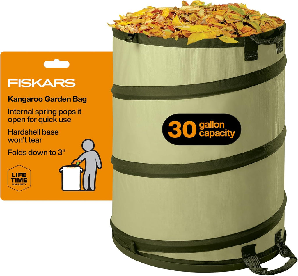 Fiskars Kangaroo Collapsible Garden Bag with Heavy Duty Hardshell Bottom for Yard Waste, 30 Gallon Reusable Container for Lawn Care and Gardening