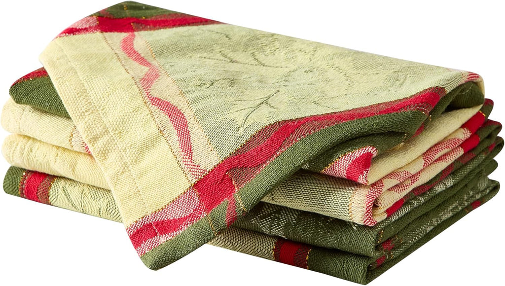 Lintex Golden Mistletoe and Ribbon Christmas Cotton Jacquard Fabric Napkins, Evergreen Mistletoe Red Ribbon Berry Woven Holiday Xmas Easy Care Cotton Weave Napkin Set, Set of 4 Napkins