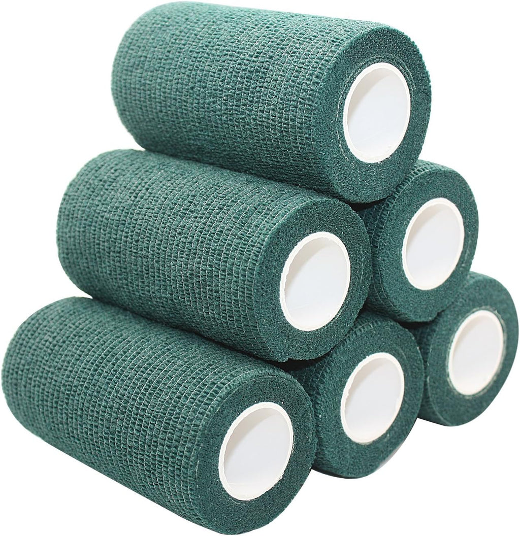 4 Inch x 6 Pack Vet Wrap Adhesive Bandages - 5 Yards Self Adherent Cohesive Wrap - Non Woven Sports Medical Athletic Bandage for Ankle, Wrist, Sprains Dark Green