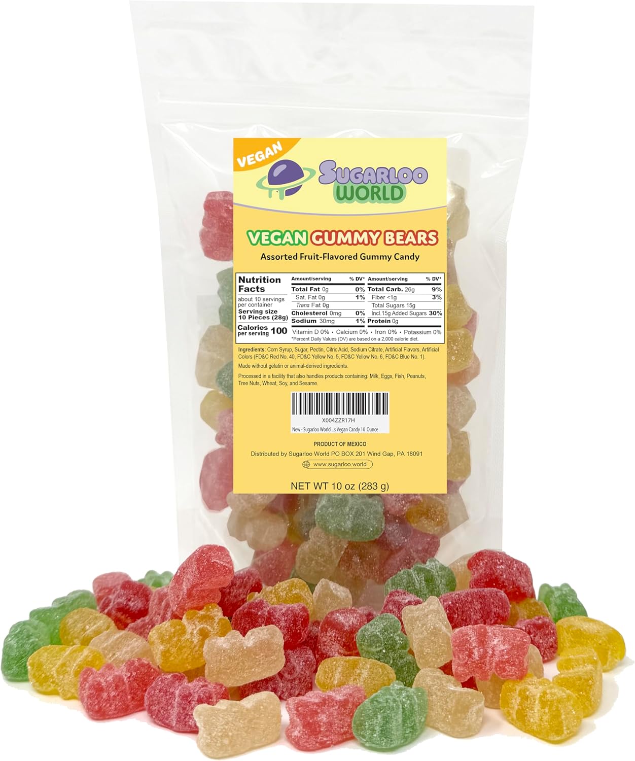 Sugarloo World Sanded Vegan Gummy Bears – Mixed Fruit Plant-Based Candy with a Firm Pectin Bite & Zesty Sugar Coating (10 oz, Gelatin-Free)