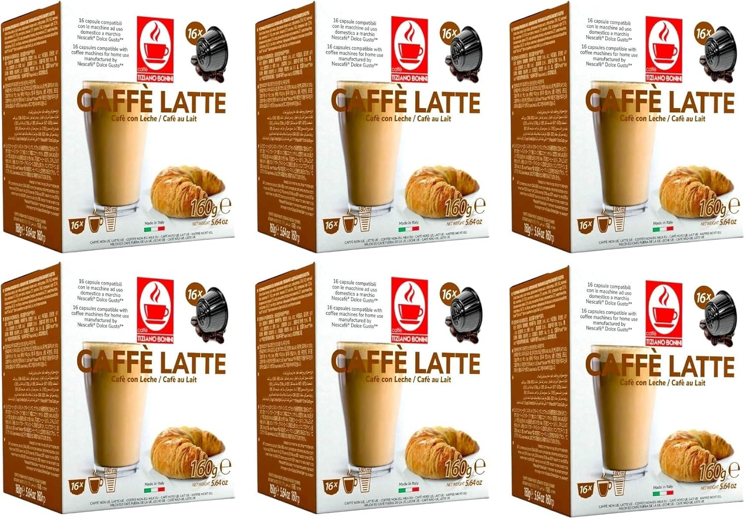 Caffè Tiziano Bonini Bonini Dolce Gusto Compatible Cafe Au Lait Coffee Pods (Pack of 6, Total 96 pods)